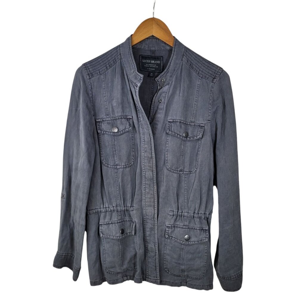Lucky Brand Chambray Linen Snap Up Jacket Medium Pocket Denim Jean Charcoal Grey